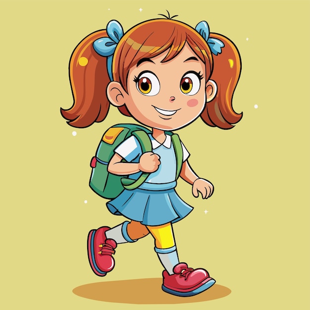 Niña de escuela con una mochila va a la escuela mascota dibujada a mano personaje de dibujos animados sticker icono concepto