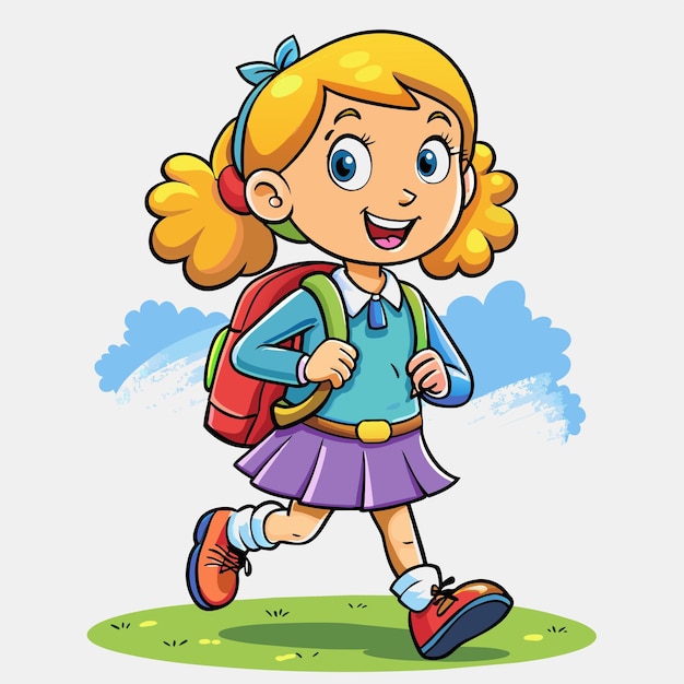 Vector niña de escuela con una mochila va a la escuela mascota dibujada a mano personaje de dibujos animados sticker icono concepto