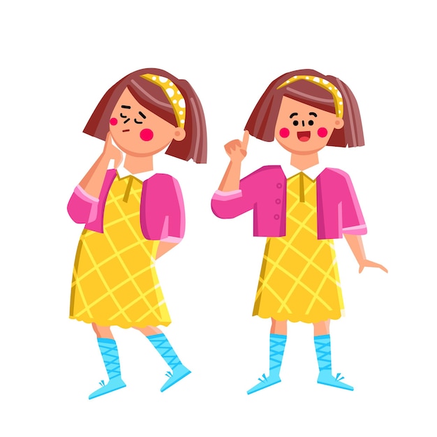 Niña de la escuela pensando y haciendo preguntas Vector. Colegiala feliz pensar y hacer preguntas para resolver el problema. Personaje expresivo Señora Solicitud educativa Ilustración de dibujos animados plana