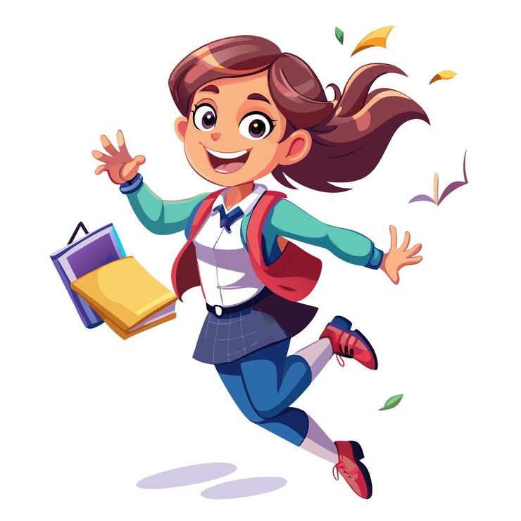 Vector niña de la escuela saltando con el cuaderno expresión alegre del estudiante
