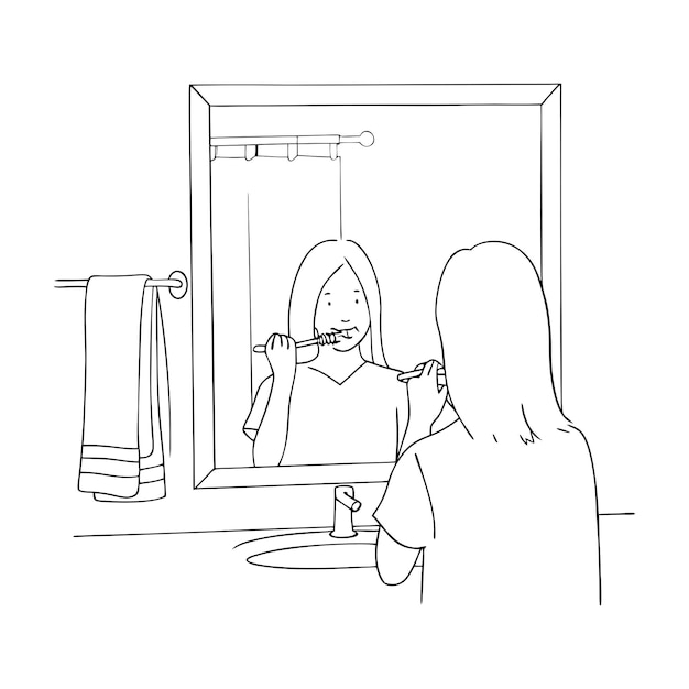 Una niña se está cepillando los dientes frente a un espejo Ilustración continua de dibujo artístico de una línea