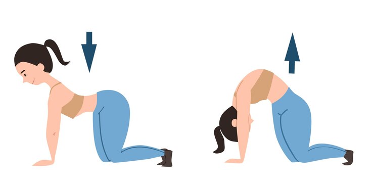 Vector la niña está a cuatro patas en la pose de un gato ejercicios para la espalda cómo hacer con las flechas