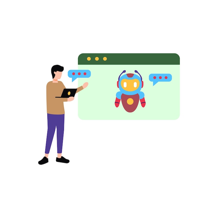 Vector una niña está hablando con un robot en línea.