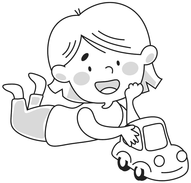 Una niña está jugando con un coche Contorno ilustración en blanco y negro para colorear