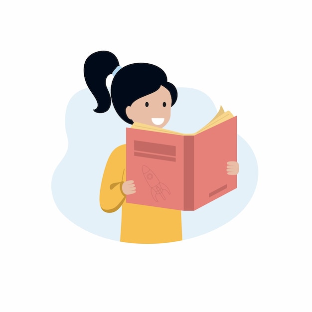 Una niña está leyendo un libro. Día Internacional del Libro el 2 de abril. Carácter vectorial en un estilo plano.