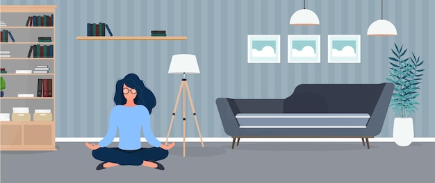 La niña está meditando en la habitación. La niña practica yoga. Sala, sofá, cuadros, librería. ilustración