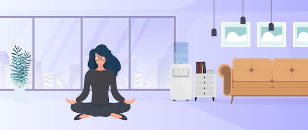 La niña está meditando en la oficina. La niña practica yoga. Habitación, oficina, lámpara de pie, crecimiento de la habitación, mesa con computadora portátil, lugar de trabajo. ilustración