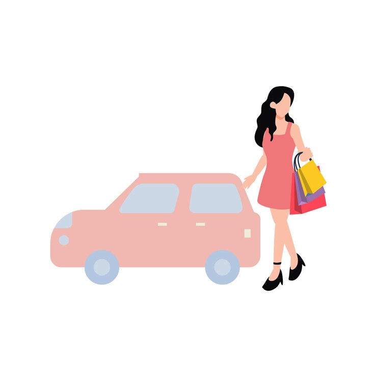 Vector la niña está parada afuera del auto con bolsas.