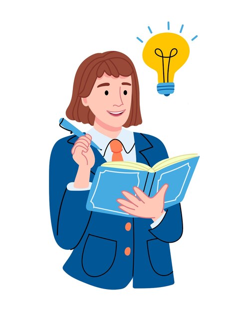 La niña se está preparando para el examen. Al estudiante se le ocurrió la idea. Colegiala con un libro.