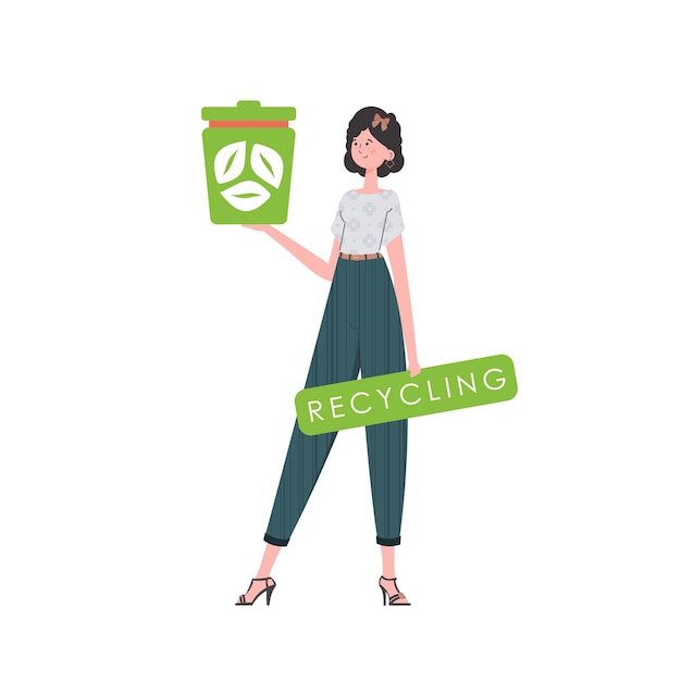 La niña está representada en pleno crecimiento y sostiene una urna en sus manos El concepto de ecología y reciclaje Estilo de personaje de moda aislado Vetcor