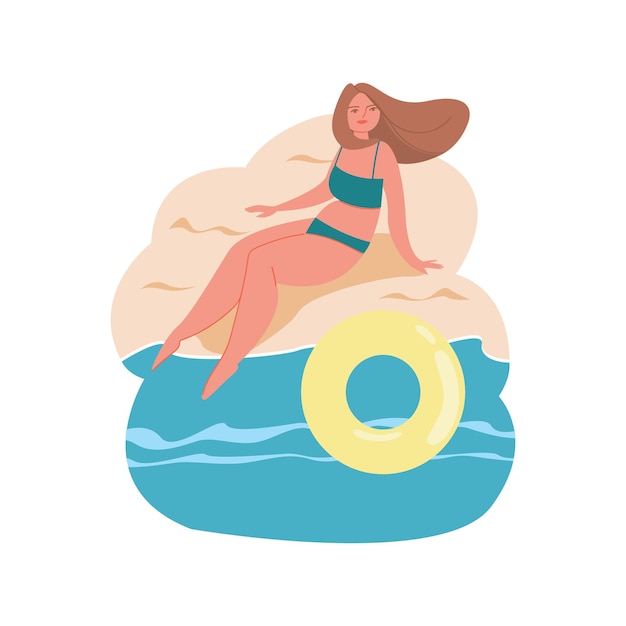 Una niña está sentada en un mar de playa Personaje femenino de dibujos animados relajándose en vacaciones Disfrute de verano caliente Ilustración de dibujado a mano de vector plano Todos los elementos están aislados