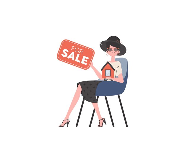 La niña está sentada en una silla con un cartel en sus manos en venta. El concepto de vender una casa. Ilustración vectorial aislada.