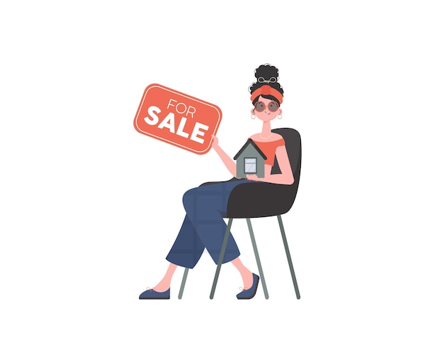 La niña está sentada en una silla con un cartel en sus manos en venta Venta de una casa o bienes raíces Ilustración vectorial aislada