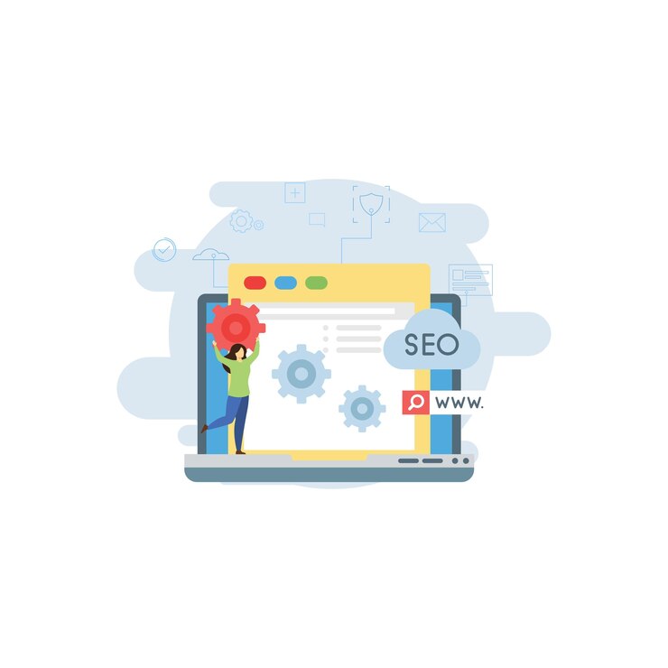 Vector la niña está trabajando en la configuración seo de la página web.