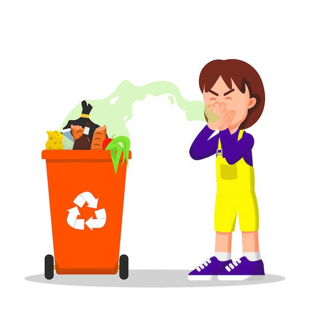 La niña estaba molesta y se tapó la nariz por el hedor del bote de basura.