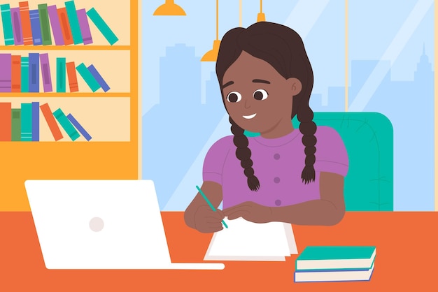 Niña estudiando con una computadora portátil en casa educación en línea pequeño estudiante haciendo la tarea