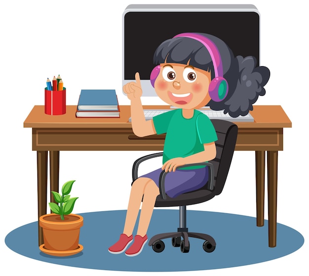 Una niña estudiando en línea con computadora.