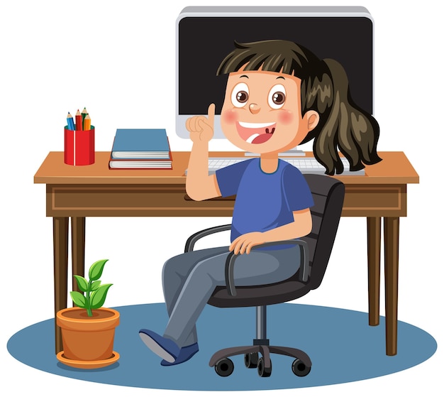 Una niña estudiando en línea con computadora.