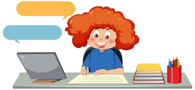 Una niña estudiando en línea con tableta