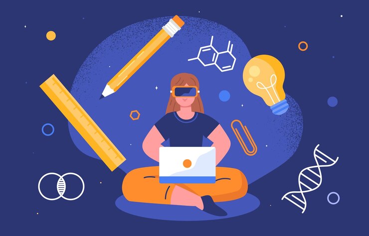 Vector niña estudiante en concepto de gafas vr mujer en realidad virtual con computadora portátil tecnologías e innovaciones modernas educación a distancia aprendizaje y capacitación ilustración de vector plano de dibujos animados