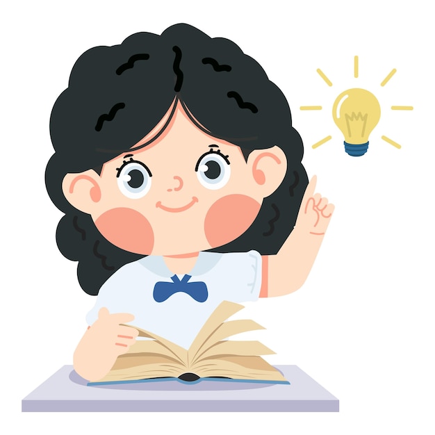 Niña estudiante leyendo un libro con una lámpara de ideas