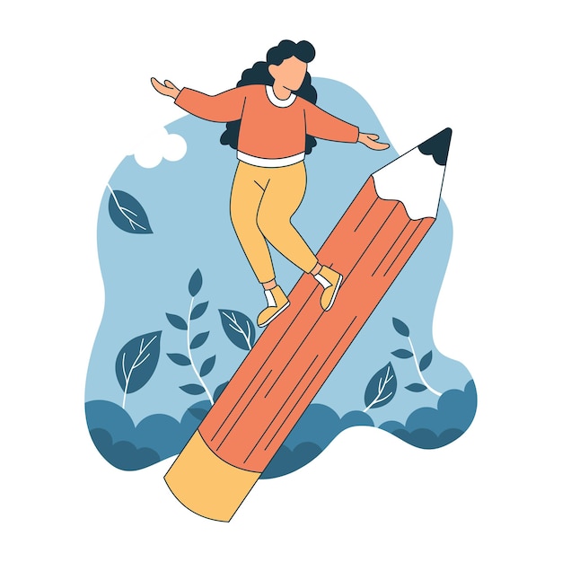 Niña estudiante de secundaria Ilustración de personaje Surfing en lápiz gigante en el parque