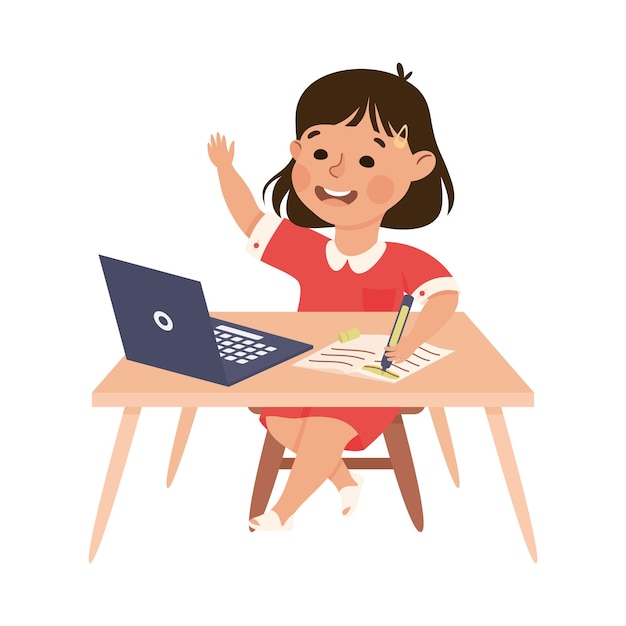 Niña estudiante sentada en la mesa con una computadora portátil y levantando la mano en una ilustración vectorial de educación primaria