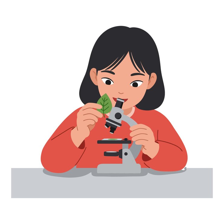 Vector niña examinando una hoja bajo un microscopio con expresión enfocada y curiosidad