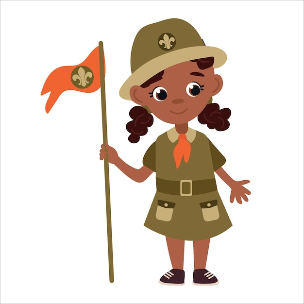 Niña exploradora de dibujos animados con una bandera