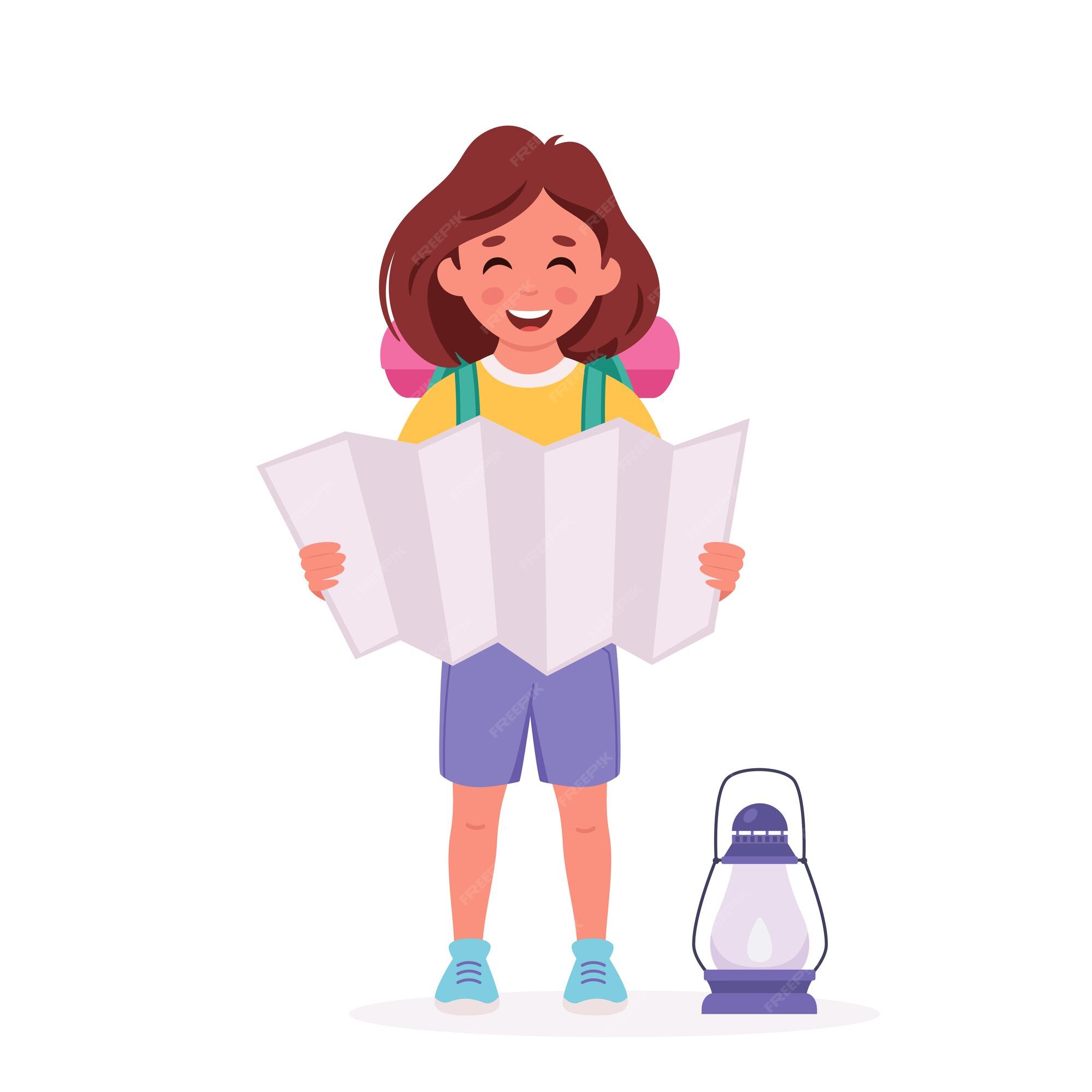 Niña con mochila y camping campamento de para niños | Vector Premium