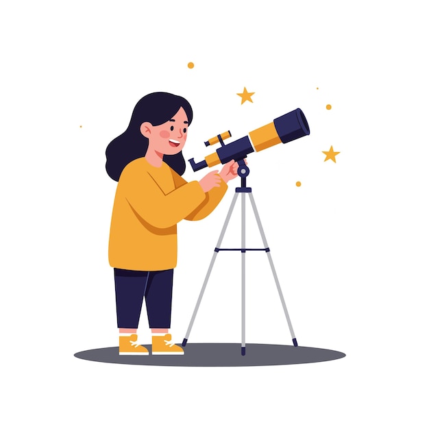 Niña explorando el cielo nocturno usando un telescopio con estrellas a su alrededor