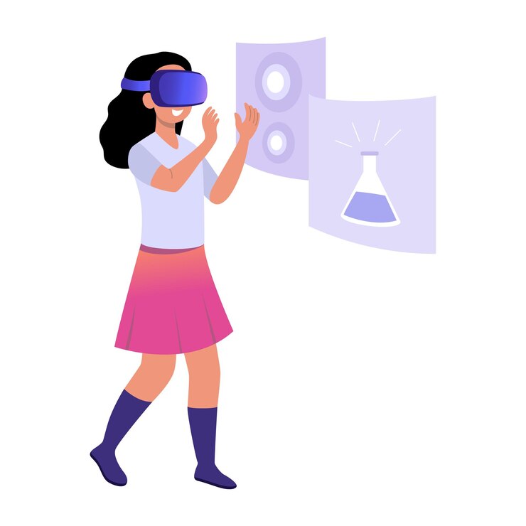 Vector niña explorando la química en realidad virtual