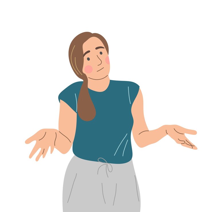 Vector la niña extiende sus manos en un gesto de disculpa. la mujer se disculpa por no poder ayudar. ilustración vectorial plana.