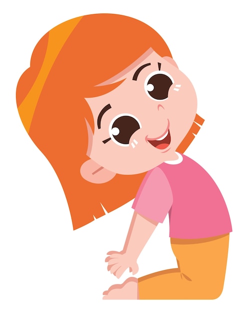 Una niña feliz agachada sonriendo con el cabello naranja y la camisa rosa