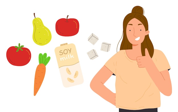 Niña feliz con apoyos comida vegana y sonrisas ilustración vectorial en estilo de dibujos animados aislado