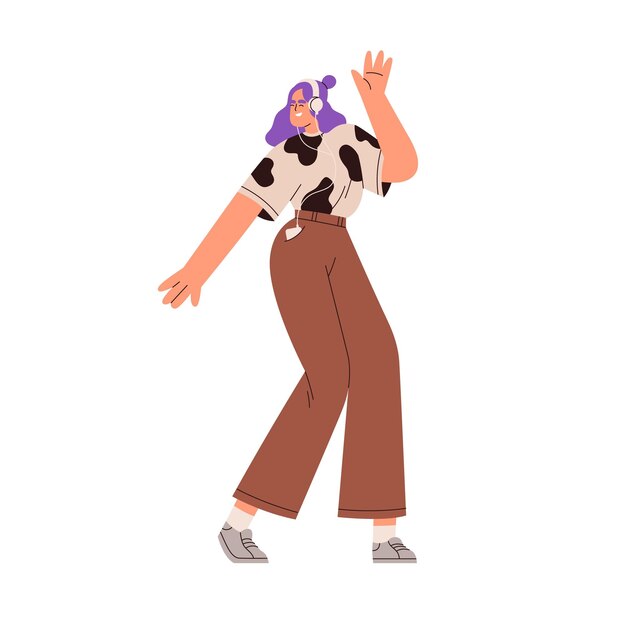 Niña feliz bailando, escuchando música energética en auriculares con teléfono, reproductor de mp3 en el bolsillo. Mujer sonriente moviéndose al ritmo de la canción. Ilustración de vector gráfico plano aislado sobre fondo blanco.