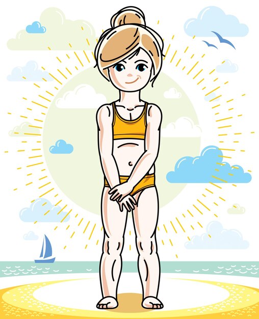 Niña feliz de cabello rubio posando en la playa soleada y usando traje de baño brillante. carácter vectorial.