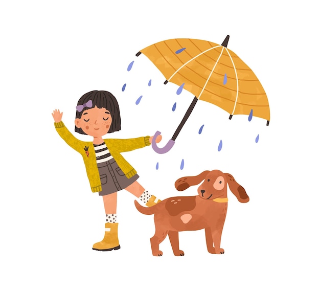 Niña feliz caminando con un lindo perro bajo el paraguas, disfrutando de la lluvia. Niño con botas de goma jugando o bailando al aire libre cuando llueve. Ilustración de vector gráfico plano coloreado aislado sobre fondo blanco.