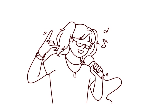 Niña feliz canta en el micrófono