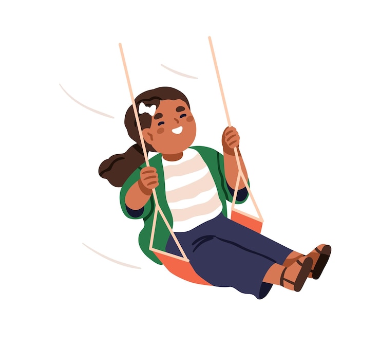 Vector niña feliz en el columpio sonriente niño alegre disfrutando de actividades divertidas al aire libre jugando con alegría excitado niño alegre patio de recreo entretenimiento de ocio ilustración vectorial plana aislada sobre fondo blanco