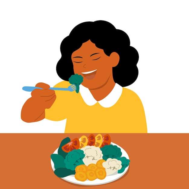 Vector niña feliz comiendo verduras comida sana ilustración de menú para niños en estilo plano de dibujos animados