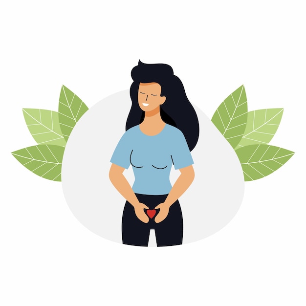 Niña feliz con corazón en sus manos. Salud de la mujer. Confort en zona abdominal.