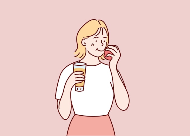 Niña feliz en una dieta Nutrición adecuada Ilustración vectorial al estilo de dibujos animados