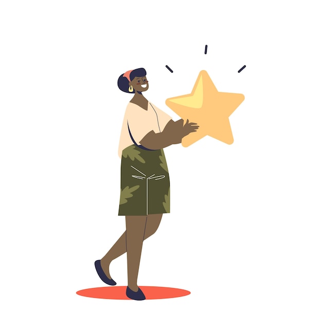 Niña feliz con estrella de calificación dorada. Concepto de sistema de revisión de comentarios de usuarios, consumidores o clientes