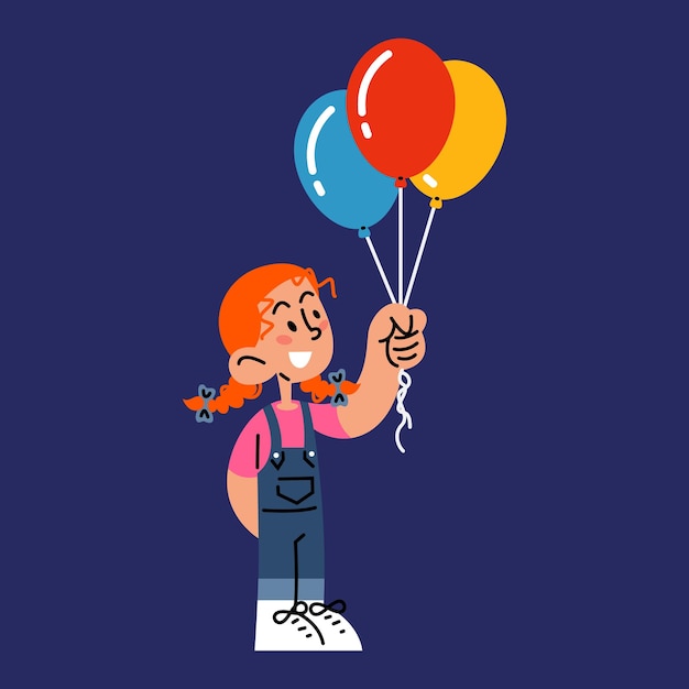 Niña feliz con globos de colores ilustración vectorial plana