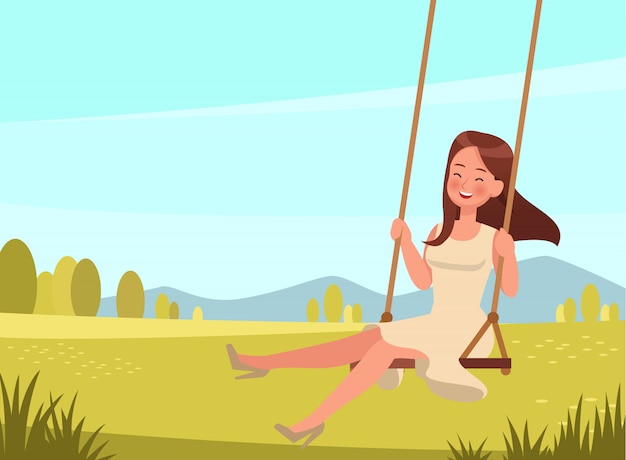 Niña feliz juega en el personaje de swing