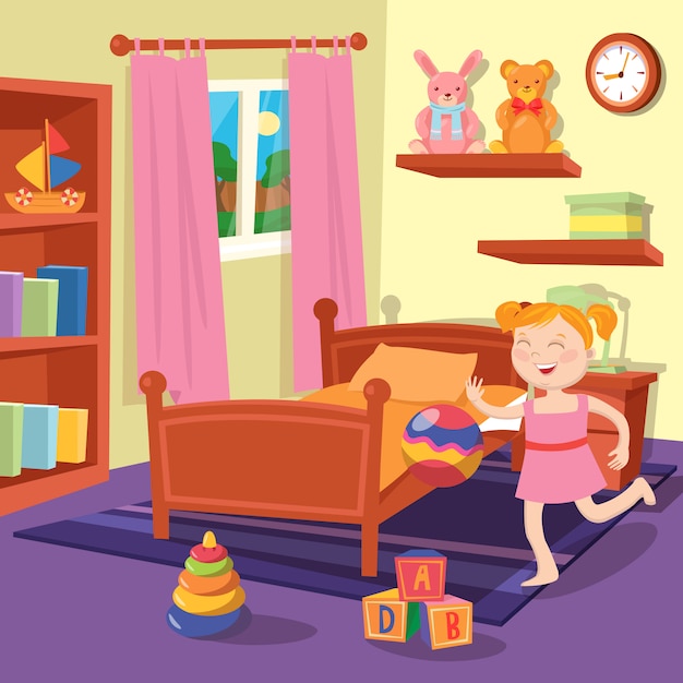 Vector niña feliz jugando a la pelota en el dormitorio de los niños. interior de dormitorio con juguetes.