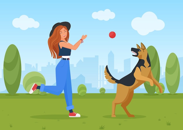 Niña feliz jugando con perro mascota joven y pastor amigo perrito saltar y jugar a la pelota