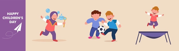 Vector niña feliz jugar globos de agua y niños felices jugar fútbol y trampolín concepto de conjunto de día de los niños ilustración de vector gráfico plano color aislado