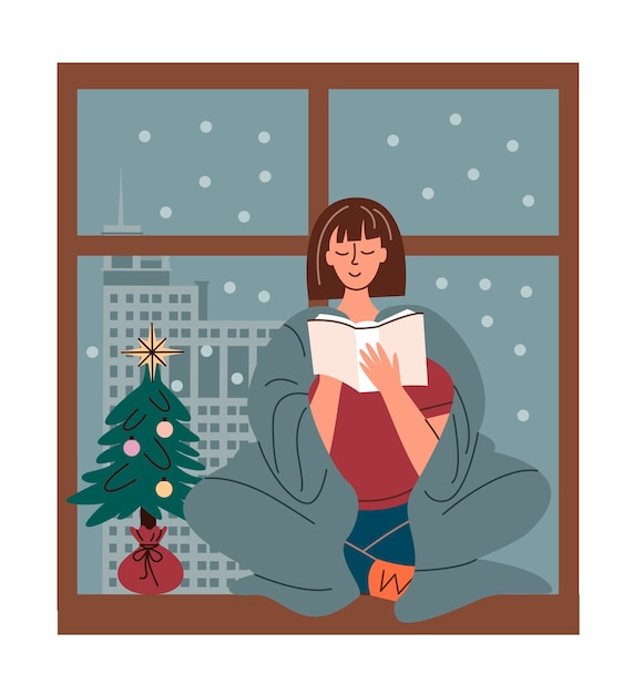 Niña feliz leyendo un libro sentada en una ventana de invierno Concepto de vacaciones de Navidad